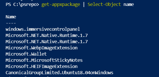 Output of get-appxpackage | select object name